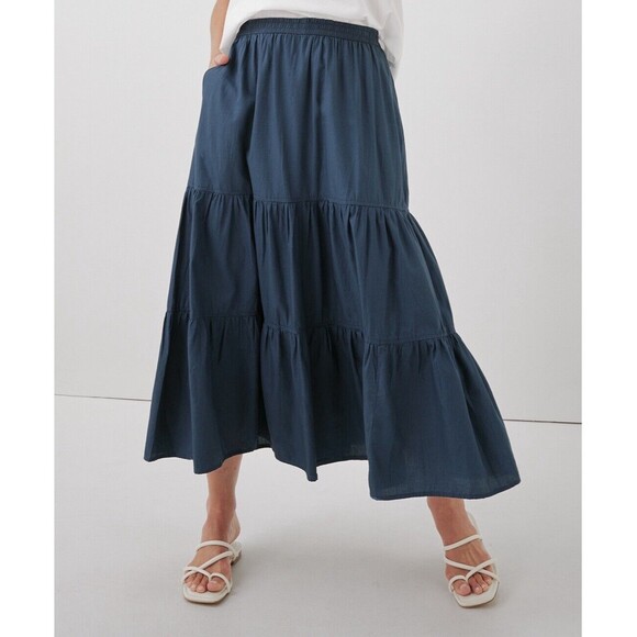 Pact Skirt Sunset Light Gauze Tiered Midi Organic Cotton French Navy Medium - Picture 1 of 8